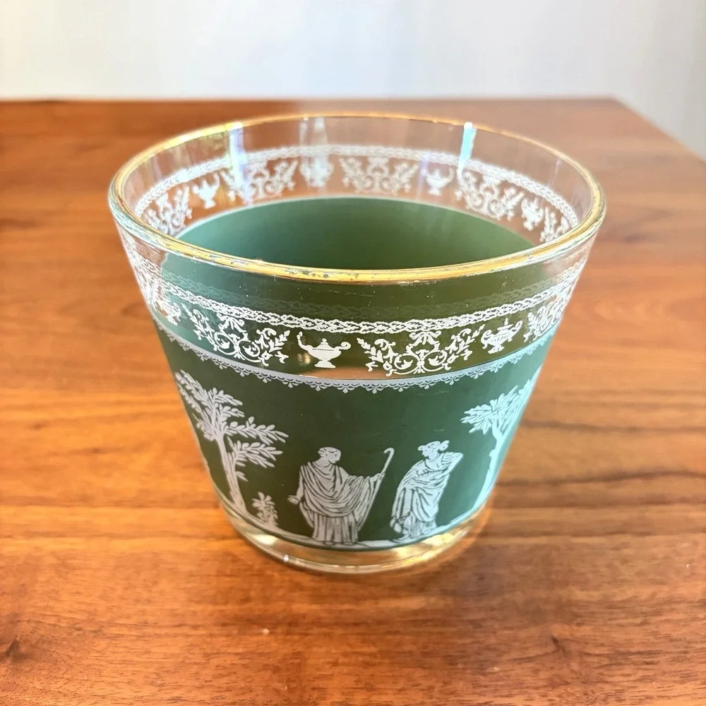 Vintage 1960s Jeanette Glass Green Hellenic Small Glass Ice Bucket MCM